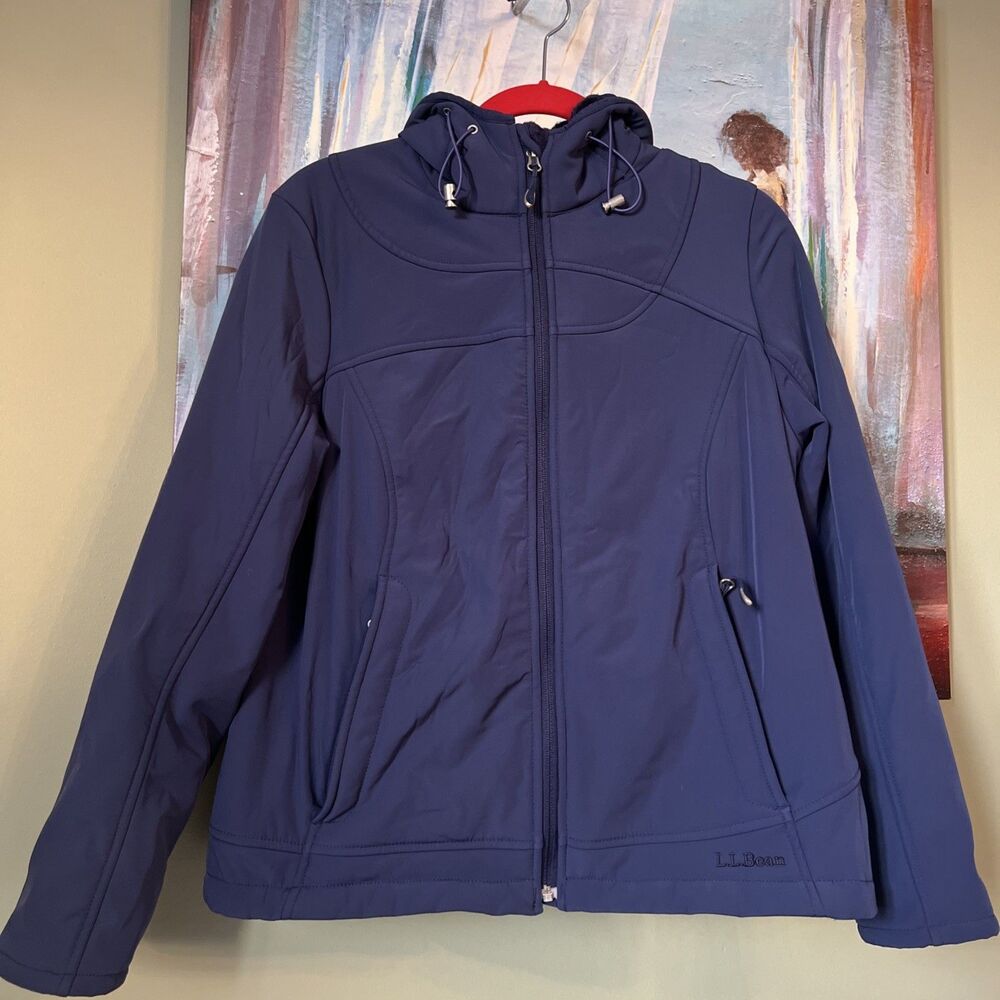 L.L. Bean Sz M Fleece Jacket Coat Womens Blue Hooded Zip Front  Pocket GOOD